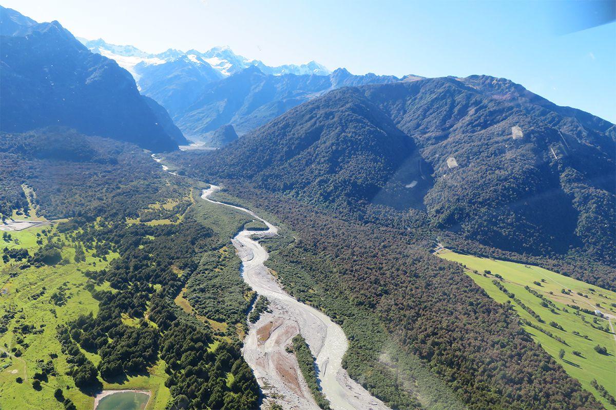 View from helicopter to Fox Glacier Heli-Hike